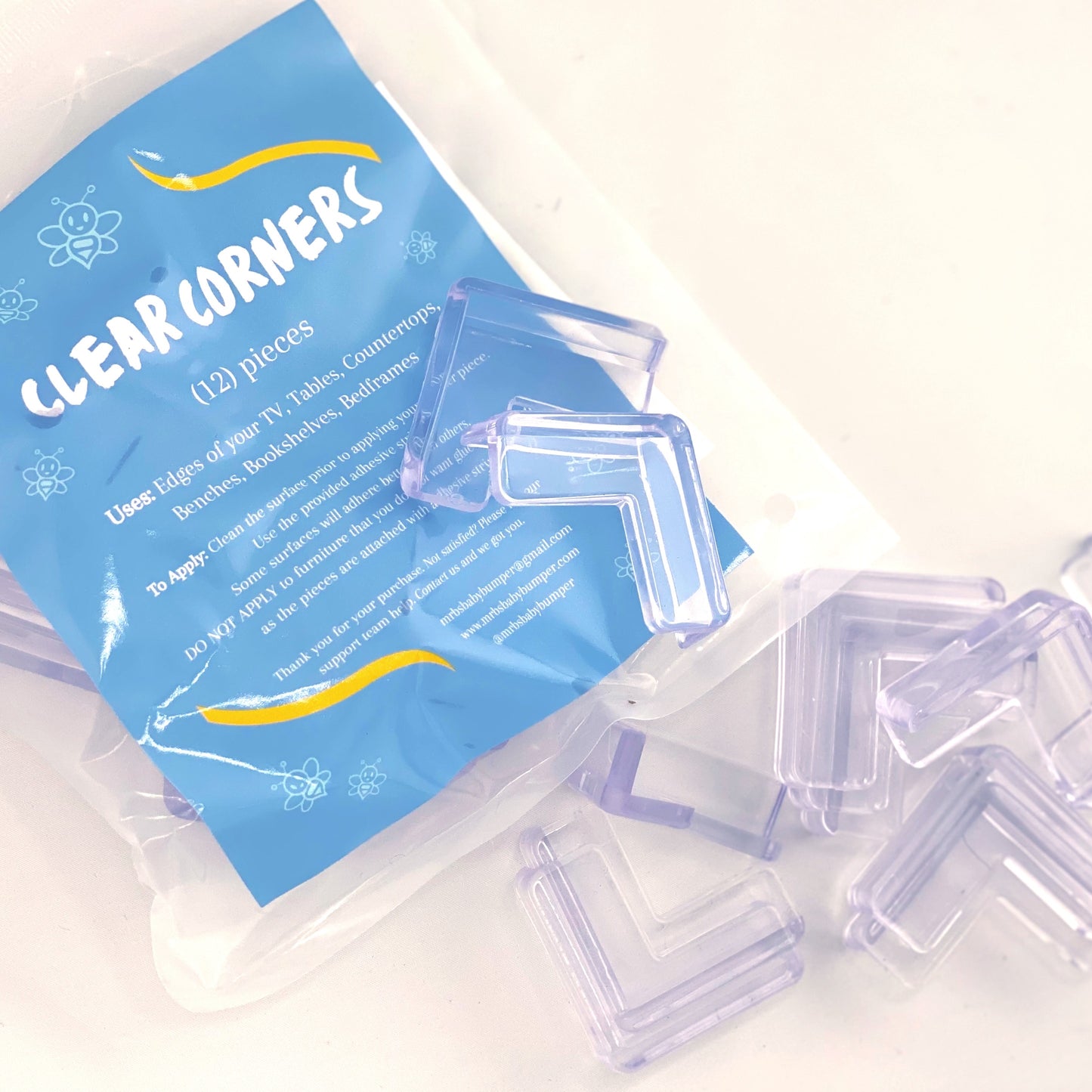 Clear L shaped corner guards to protect you from hurting yourself on the edges of countertops, TVs, glass tables, bookshelves. Get twelve clear corners including adhesive in one bag.